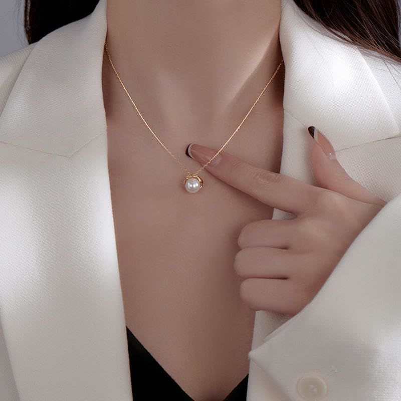 "1 Elegant Solitaire Pearl Necklace Mother's Day Wedding Anniversary Birthday Party Valentine's Day Party Gift 14K Gold 8-9mm High Quality Round White Glass Pearl Pendant Necklace for Women"