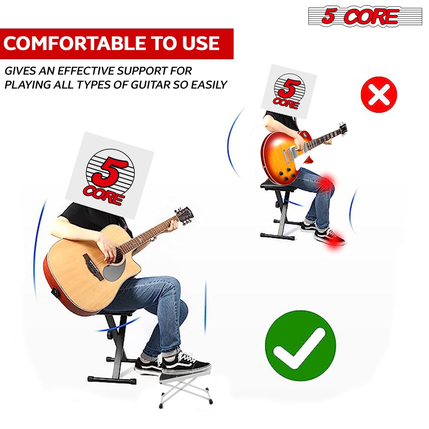 5 Core Guitar Foot Stool Pair Height Adjustable Folding Leg Rest Portable Classical Footrest - GFS WHTE 2PCS
