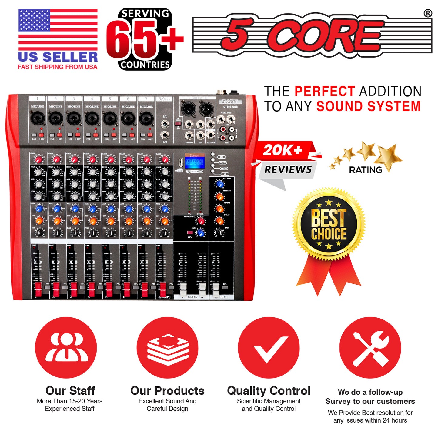 5 Core Audio Mixer 8 Channel DJ Sound Board w Bluetooth USB PC Recording Professional PA Analog Mixing Interface For Karaoke Singing Music Podcast Consola De Audio - MX 8CH