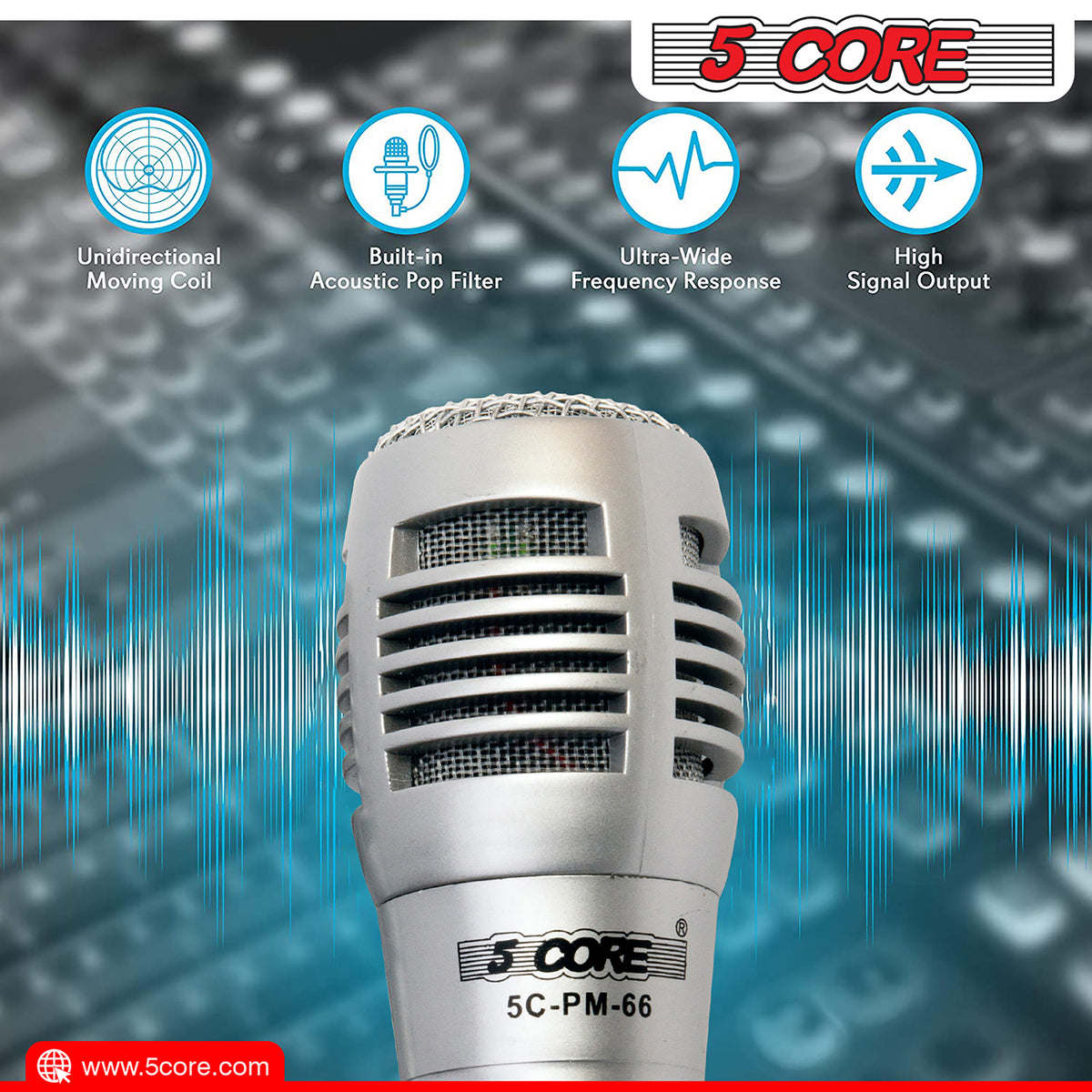 5 CORE Microphone Dynamic Vocal Handheld Mic Cardioid Unidirectional Microfono w On Off Switch + XLR Audio Cable for Singing Karaoke Public Speaking & Parties - PM -66k 2 pair