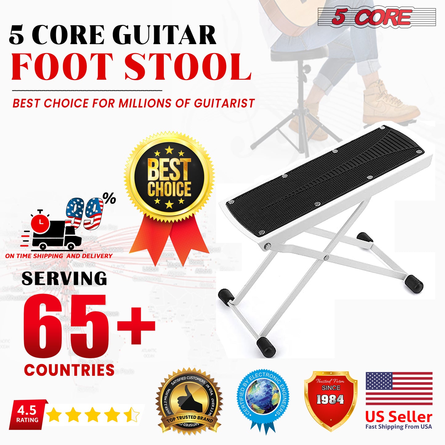 5 Core Guitar Foot Stool Pair Height Adjustable Folding Leg Rest Portable Classical Footrest - GFS WHTE 2PCS