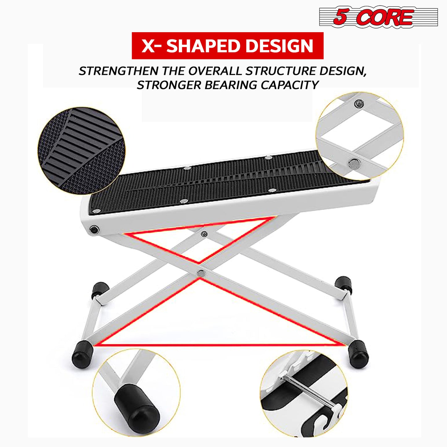 5 Core Guitar Foot Stool Pair Height Adjustable Folding Leg Rest Portable Classical Footrest - GFS WHTE 2PCS