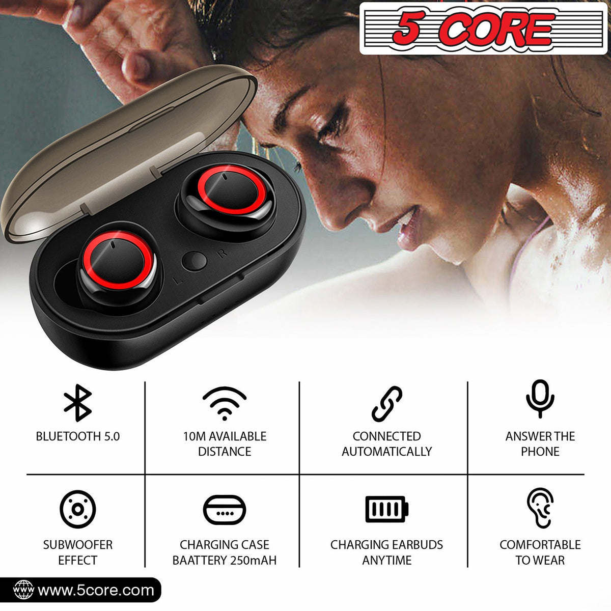 5 Core Wireless Ear Buds Mini Bluetooth Earbud Noise Cancelling Headphones Wire Less - EP01