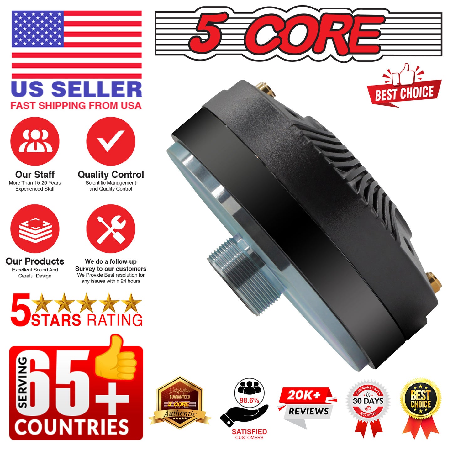5 CORE Horn Speaker Tweeter Compression Driver 2 Inch Titanium Voice Coil 400W Max 8 Ohm 200 Watts RMS 1.5k - 20kHz Frequency 35Oz 135mm Magnet Screw-on Throat 18TPI - CD 135