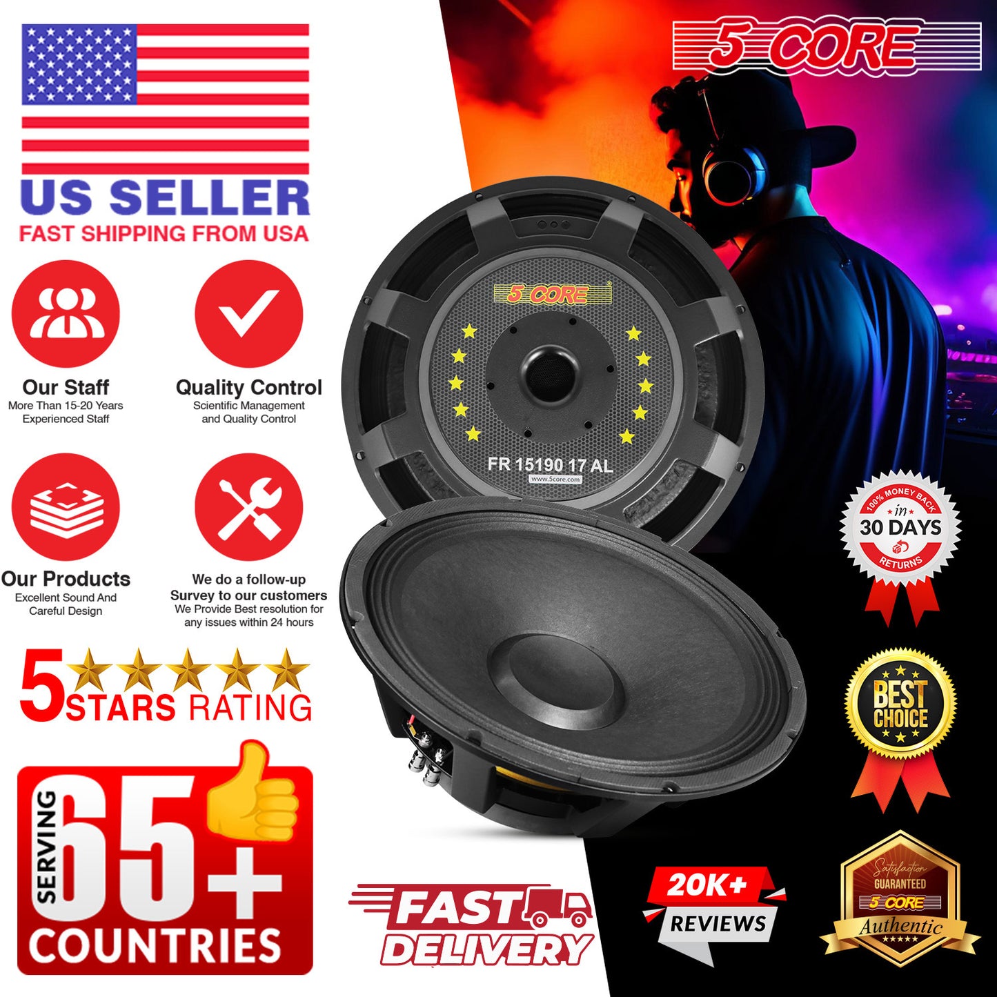 5 Core 15 Inch Subwoofer Speaker 1500W Peak 8 Ohm Full Range Replacement DJ Bass Sub Woofer Loudspeaker with 3" Voice Coil and 80 Oz Y30 Magnet - FR 15190 17 AL