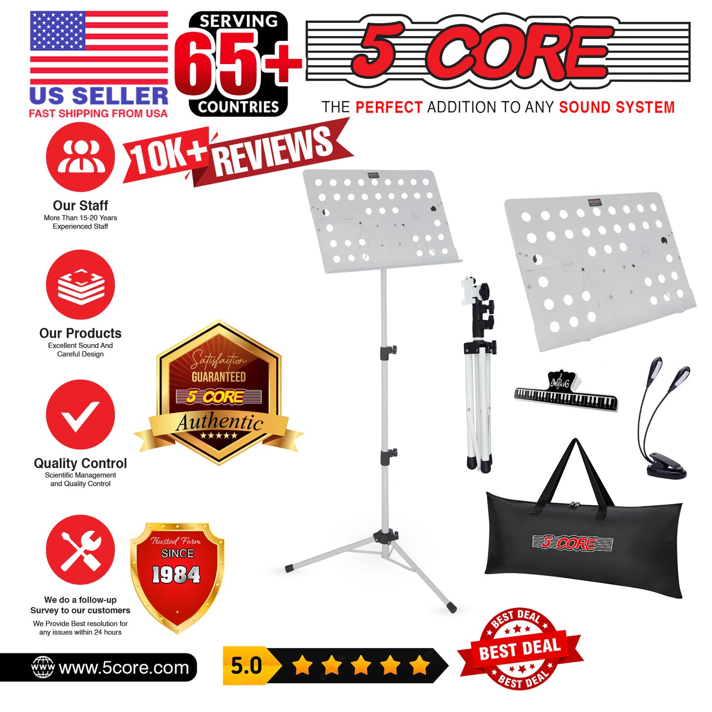 5 Core Music Stand For Sheet Music Height Adjustable Portable Folding Atril Para Partituras w Light Clip for Guitar Players Violinists Cellists Pianists - MUS FLD HD ACC WH