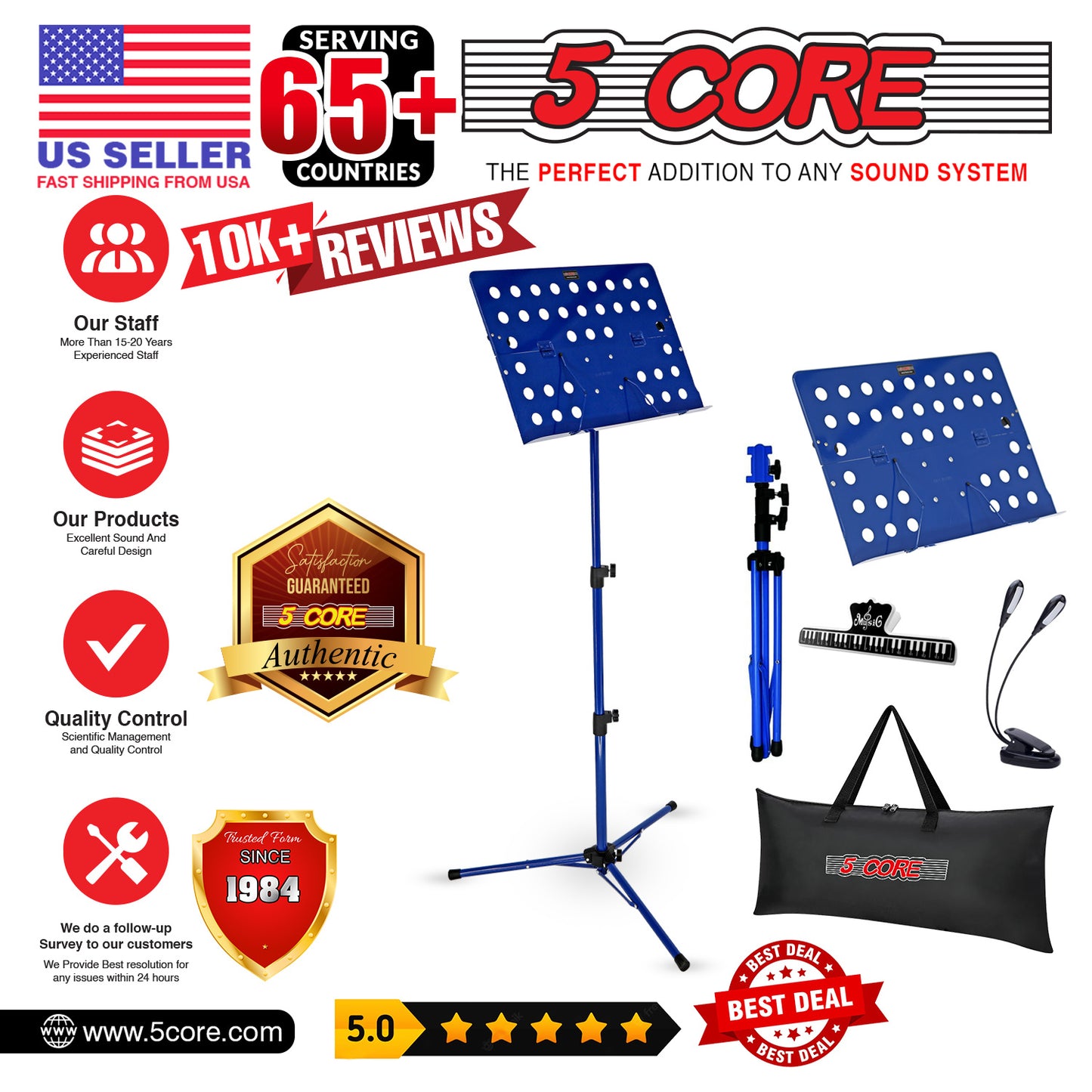 5 Core Music Stand For Sheet Music Height Adjustable Portable Folding Atril Para Partituras w Light Clip for Guitar Players Violinists Cellists Pianists - MUS FLD HD ACC BLU