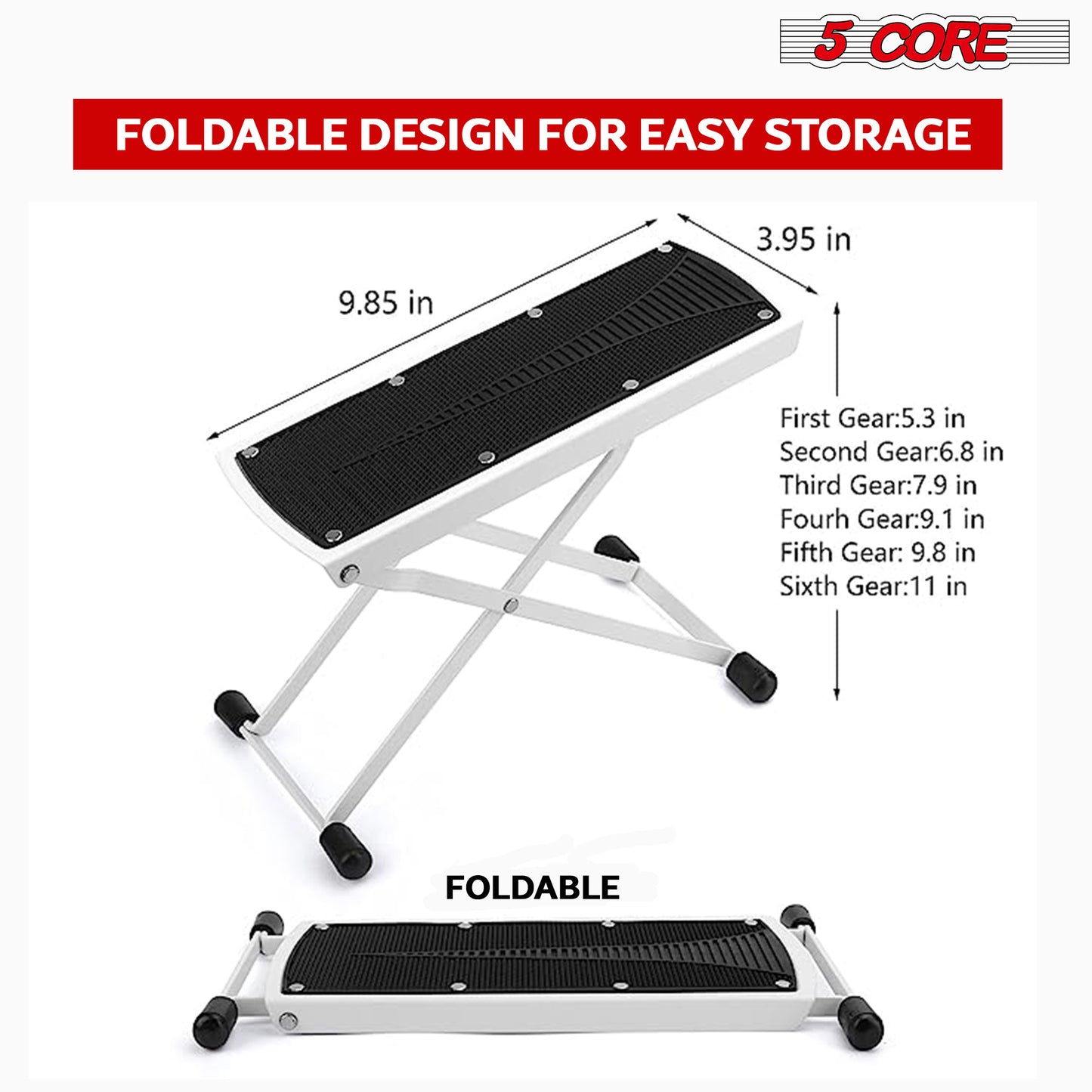 5 Core Guitar Foot Stool Pair Height Adjustable Folding Leg Rest Portable Classical Footrest - GFS WHTE 2PCS