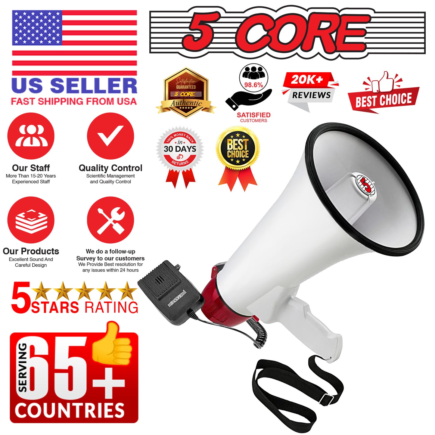 5 Core Megaphone Bullhorn Speaker 40W Bull Horn Battery Power Cheer Megafono 1000ft Range Loudspeaker w Bluetooth Siren Recording Ergonomic Handle for Coaches Football Baseball Cheerleading - 20RF BT