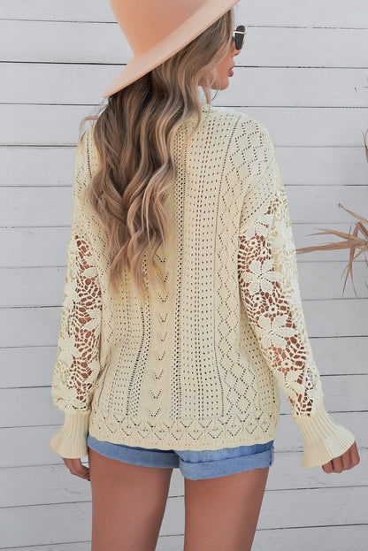 Openwork Lantern Sleeve Dropped Shoulder Sweater