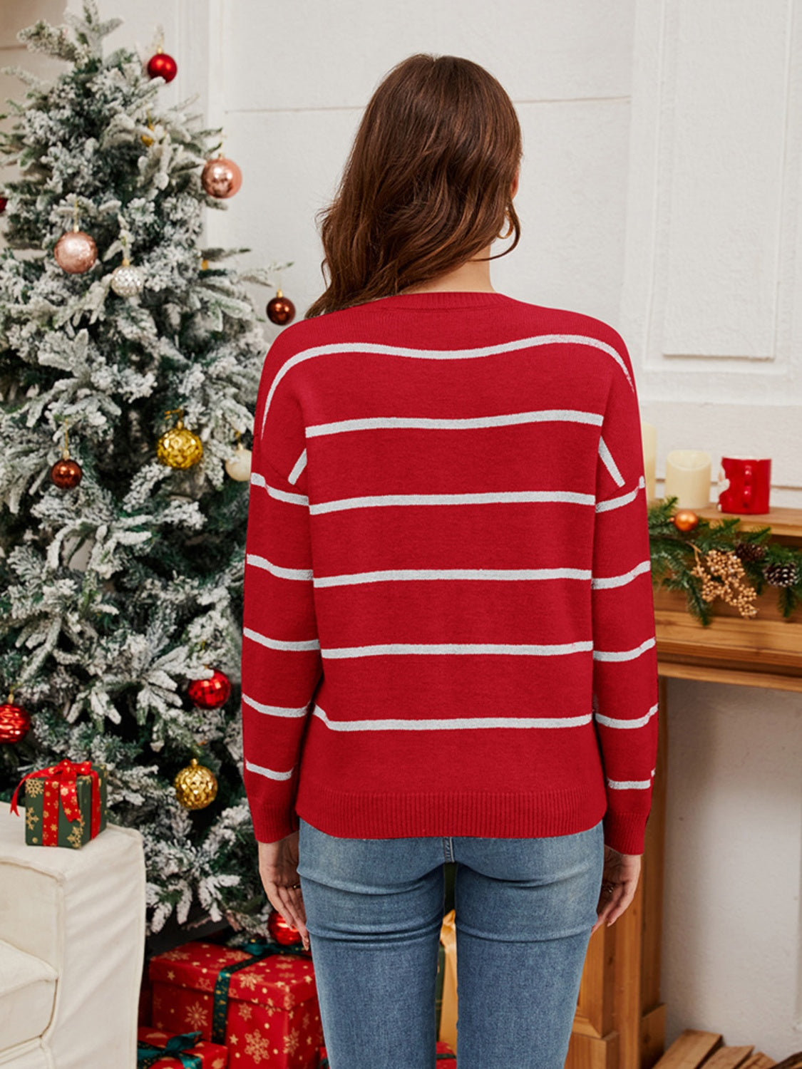 Sequin Santa Striped Round Neck Long Sleeve Sweater