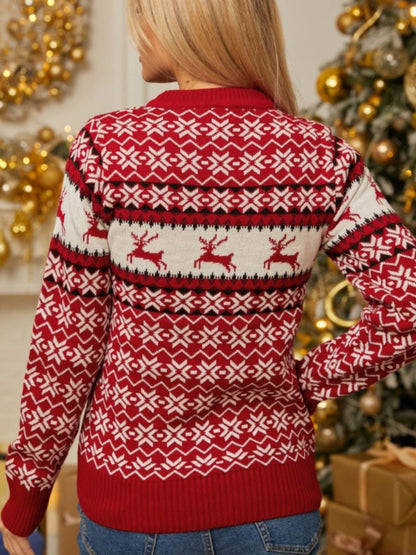 Reindeer and Snowflake Print Pullover Sweater