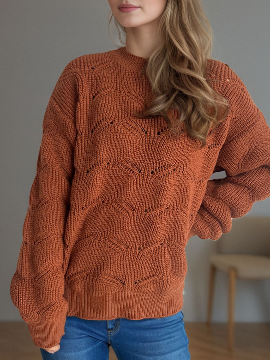 Openwork Round Neck Dropped Shoulder Sweater