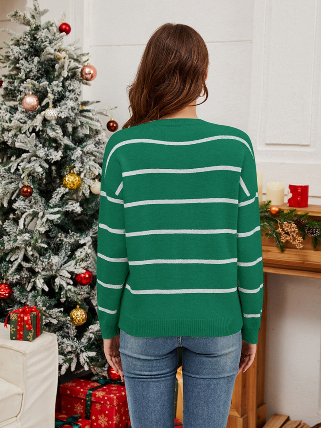 Sequin Santa Striped Round Neck Long Sleeve Sweater