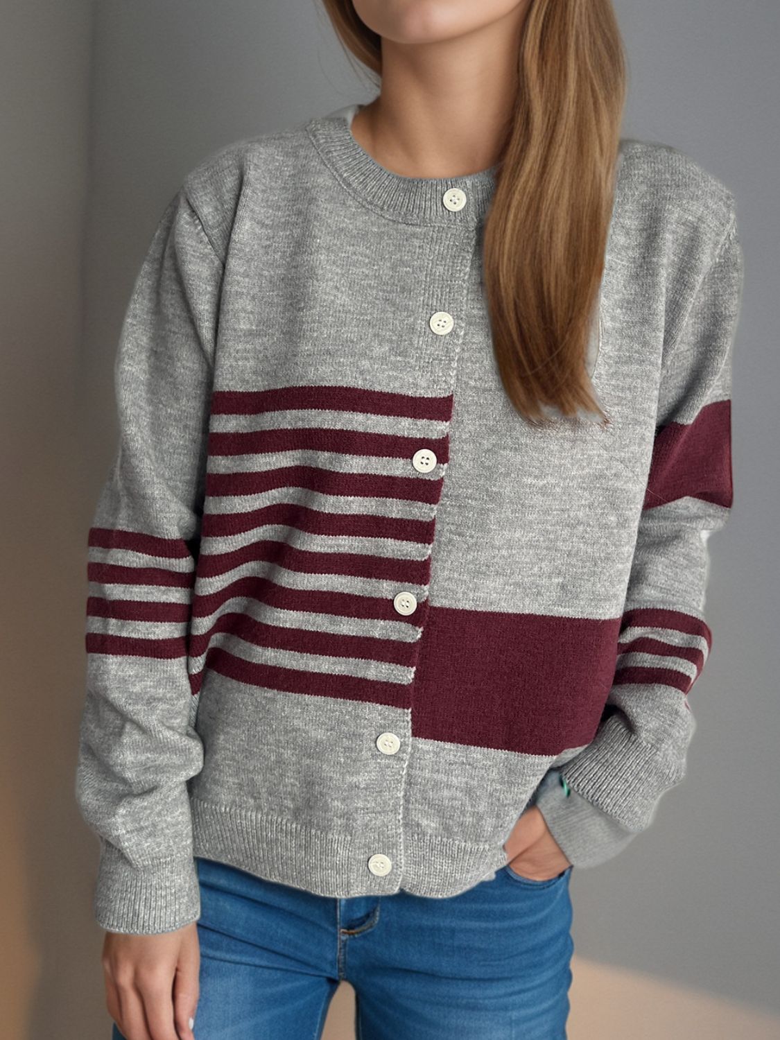 Striped Color Block Round Neck Cardigan