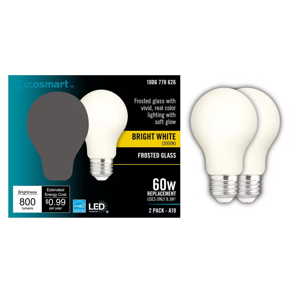 60-Watt Equivalent A19 Dimmable CEC Frosted Glass Filament LED Light Bulb Bright White (2-Pack)