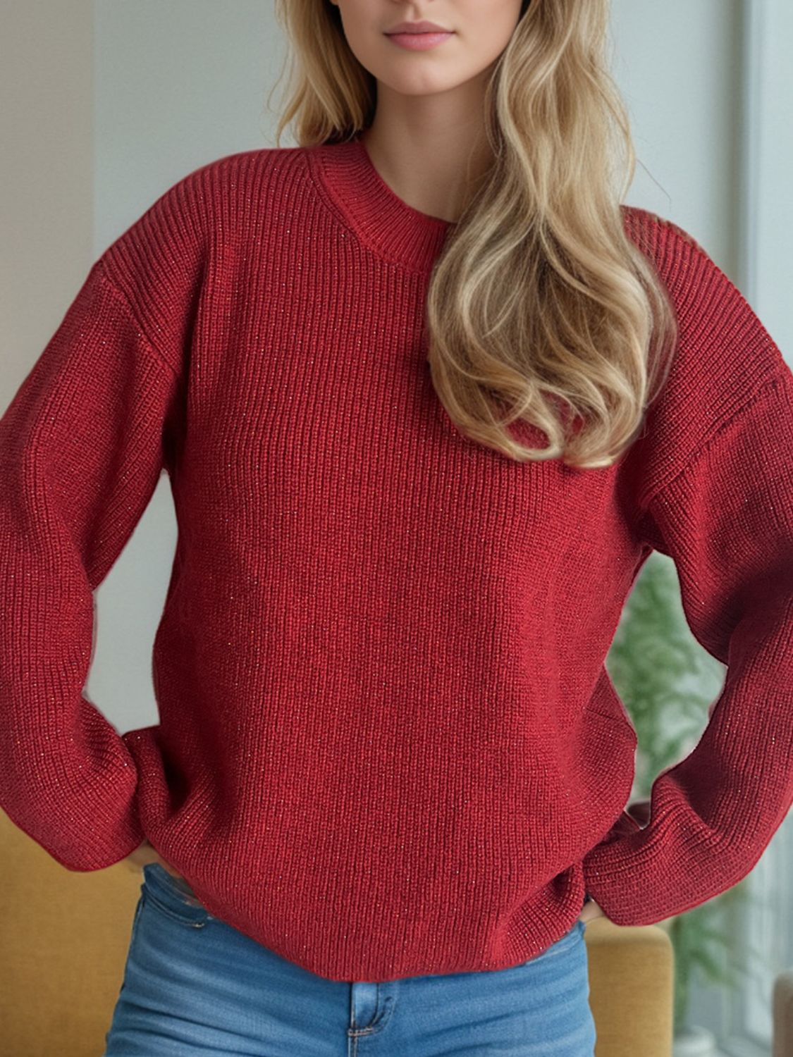 Solid Color Round Neck Long Sleeve Sweater