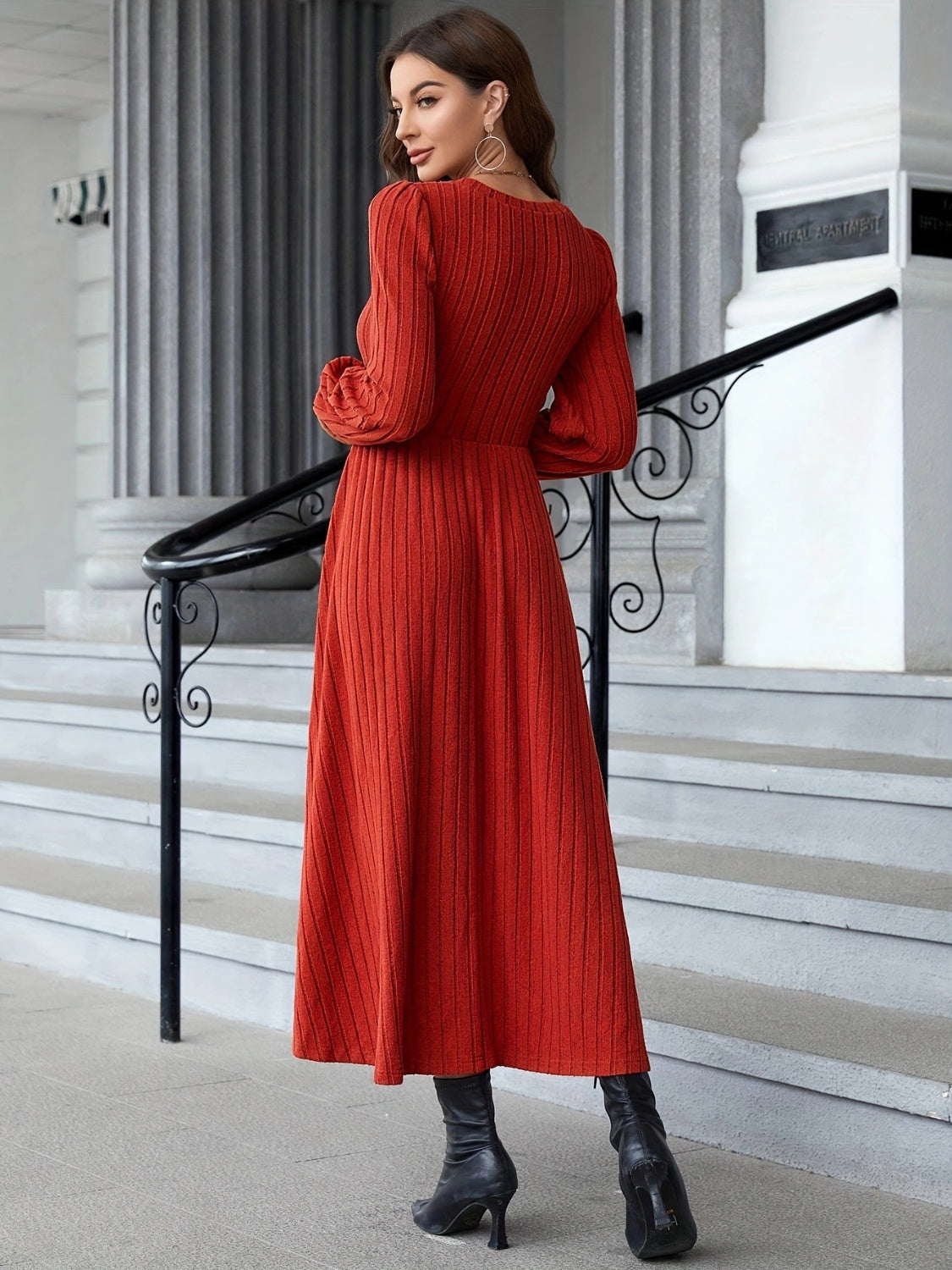 Ribbed Round Neck Long Sleeve Dress