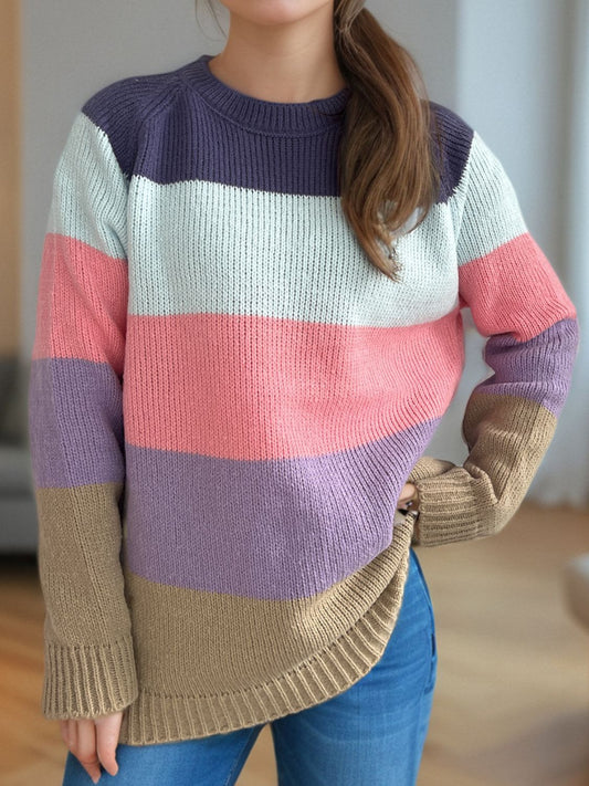 Color Block Round Neck Long Sleeve Sweater