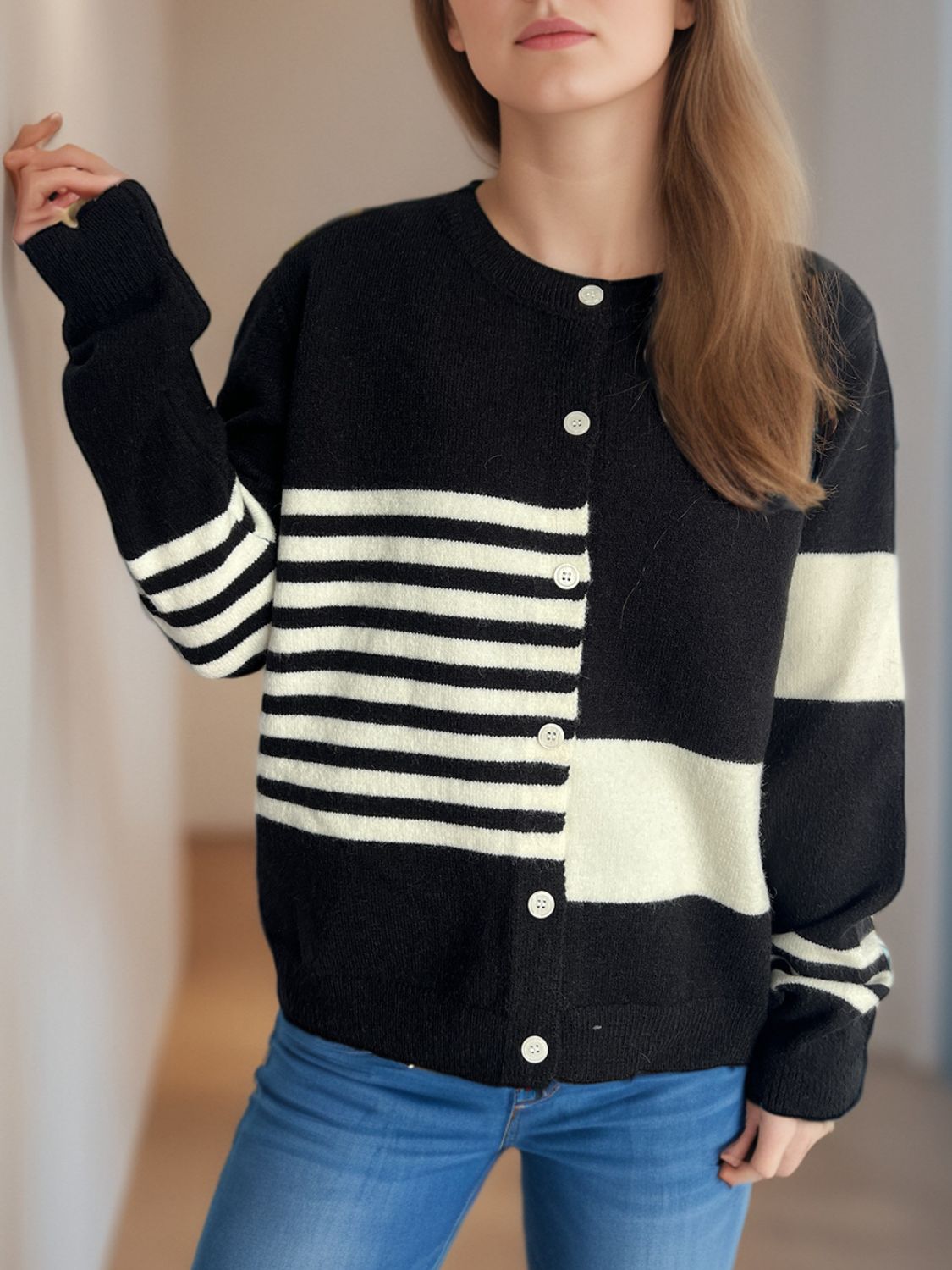 Striped Color Block Round Neck Cardigan