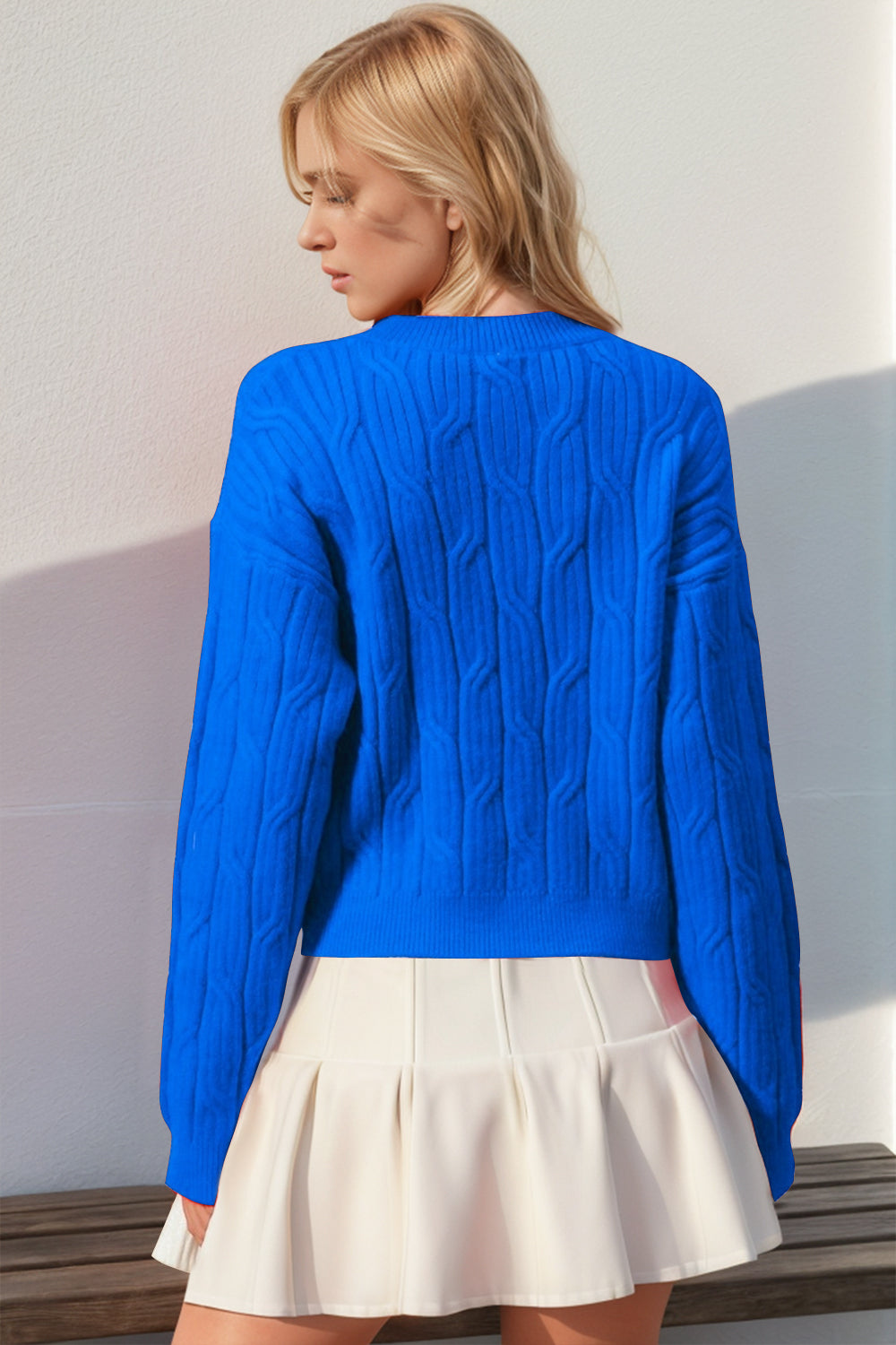 Double Take Full Size Bow Cable-Knit Round Neck Sweater