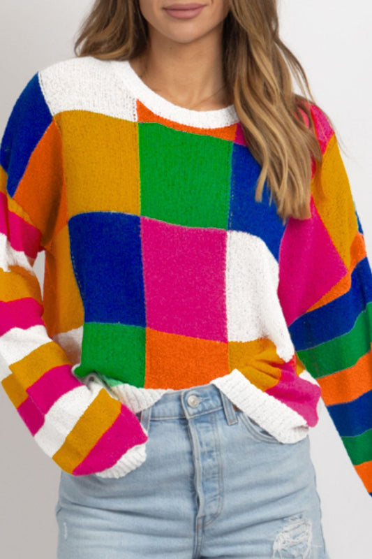 Color Block Round Neck Long Sleeve Sweater