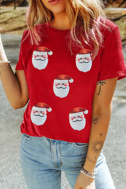 Sequin Santa Round Neck Short Sleeve T-Shirt