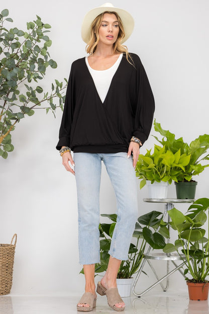 Celeste Full Size Contrast Round Neck Top with Two Layer Detail