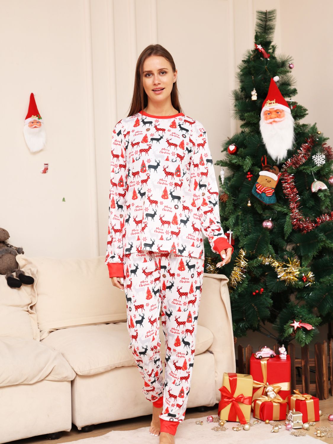 Full Size Reindeer Print Top and Pants Set