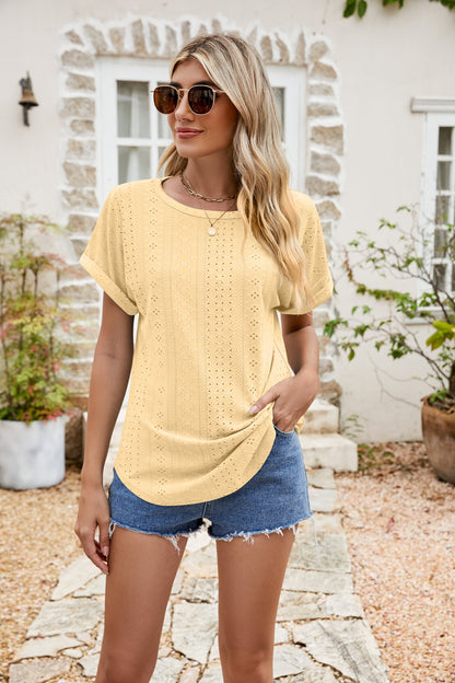 Full Size Round Neck Eyelet Short Sleeve Top