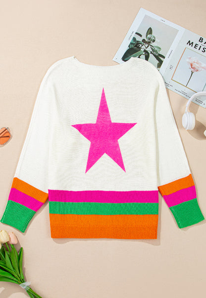 Star Contrast Round Neck Long Sleeve Knit Top