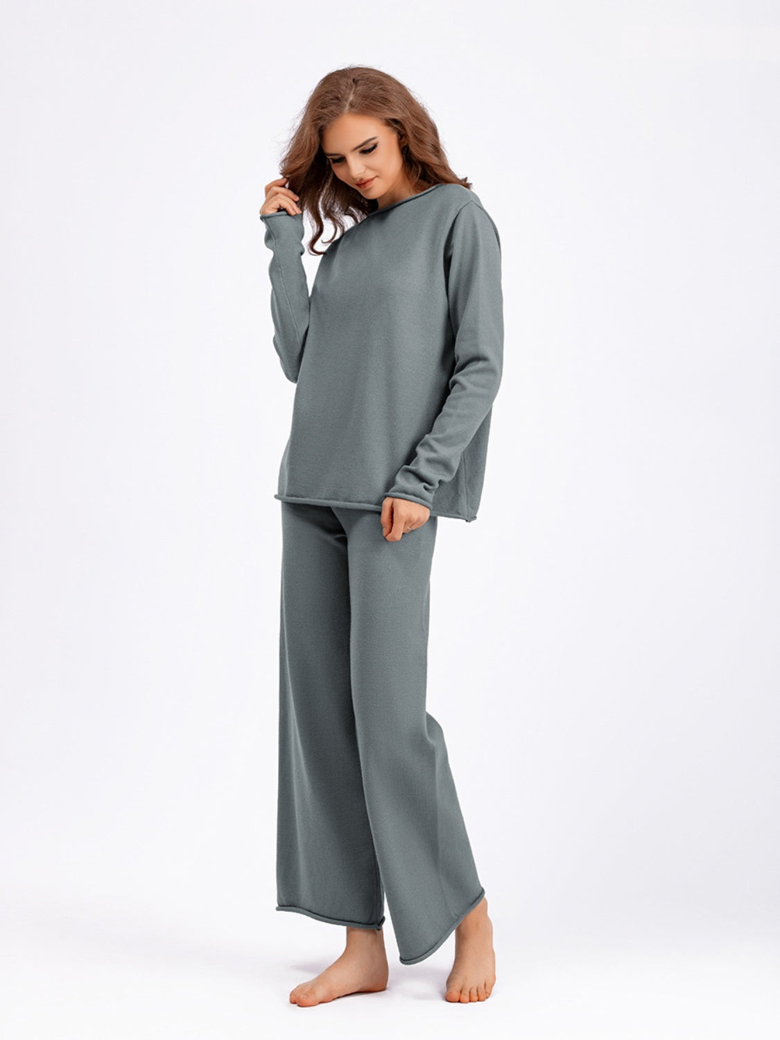 Basic Bae Rolled Round Neck Top and Pants Sweater Set