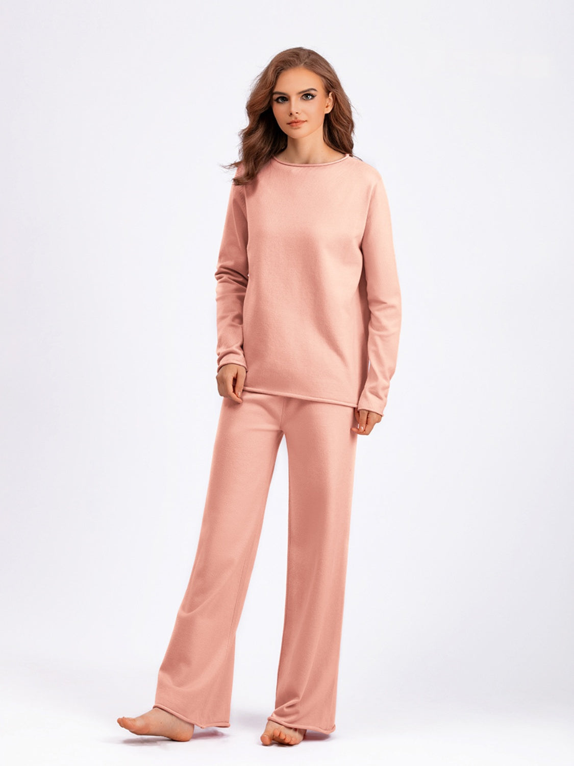 Basic Bae Rolled Round Neck Top and Pants Sweater Set