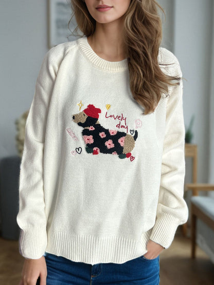 Puppy Round Neck Raglan Sleeve Sweater