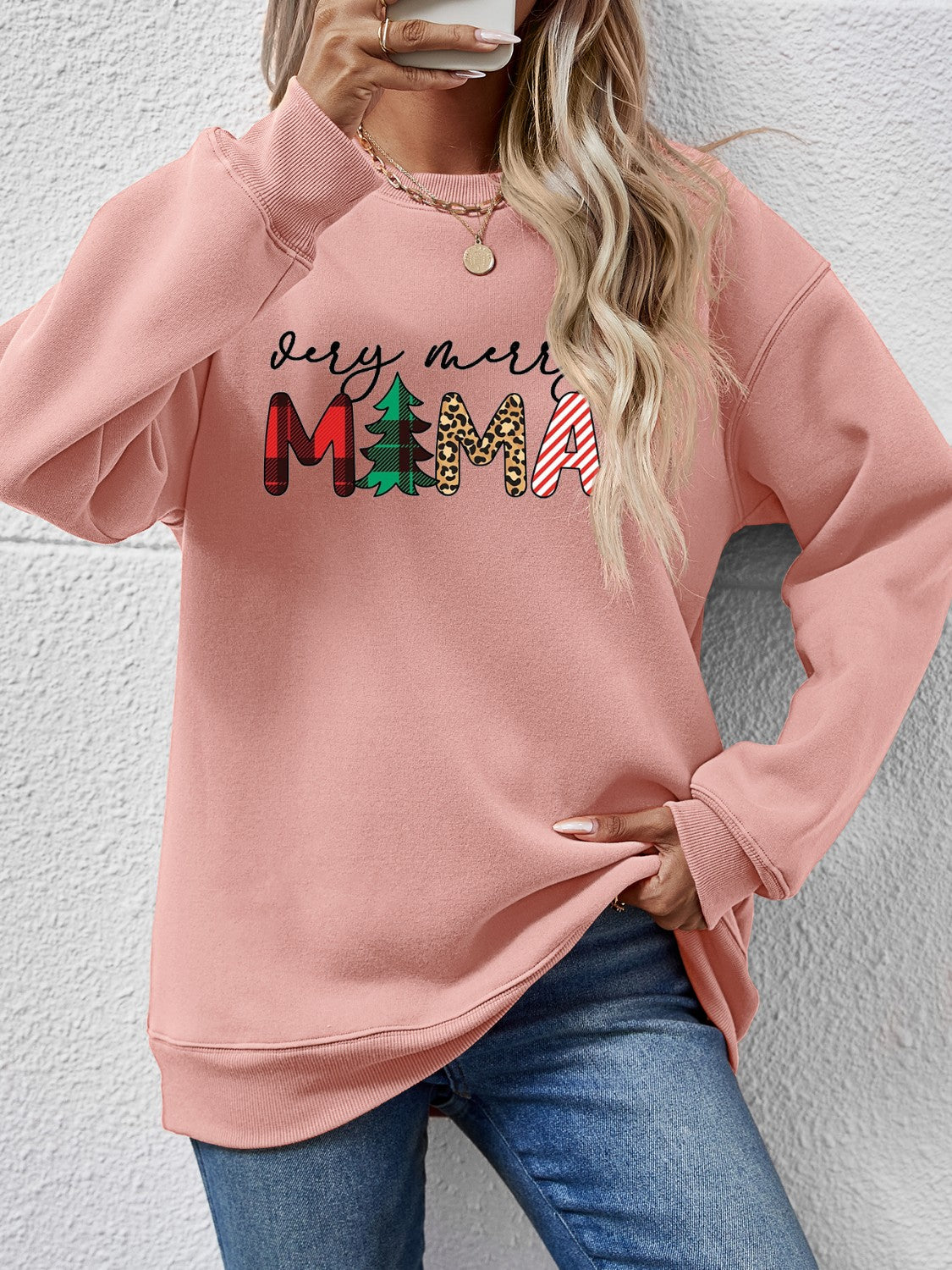 Letter Graphic Round Neck Long Sleeve Sweatshirt