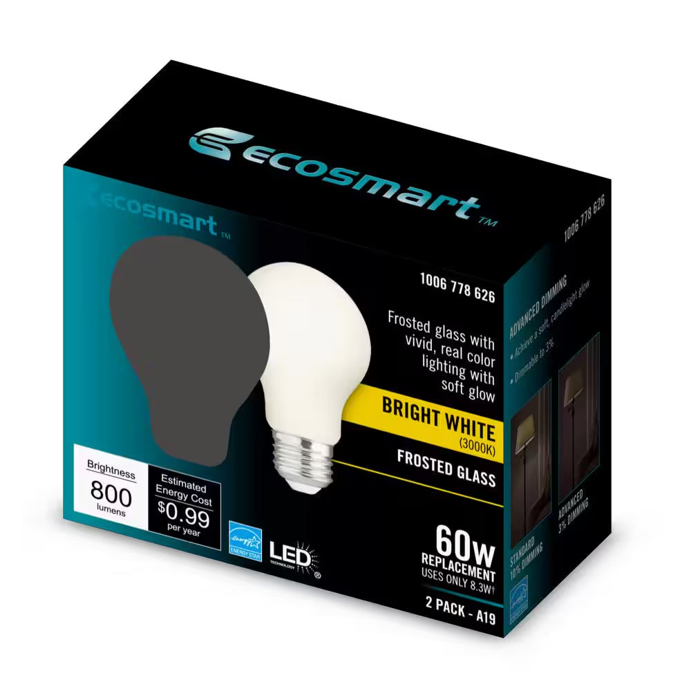 60-Watt Equivalent A19 Dimmable CEC Frosted Glass Filament LED Light Bulb Bright White (2-Pack)