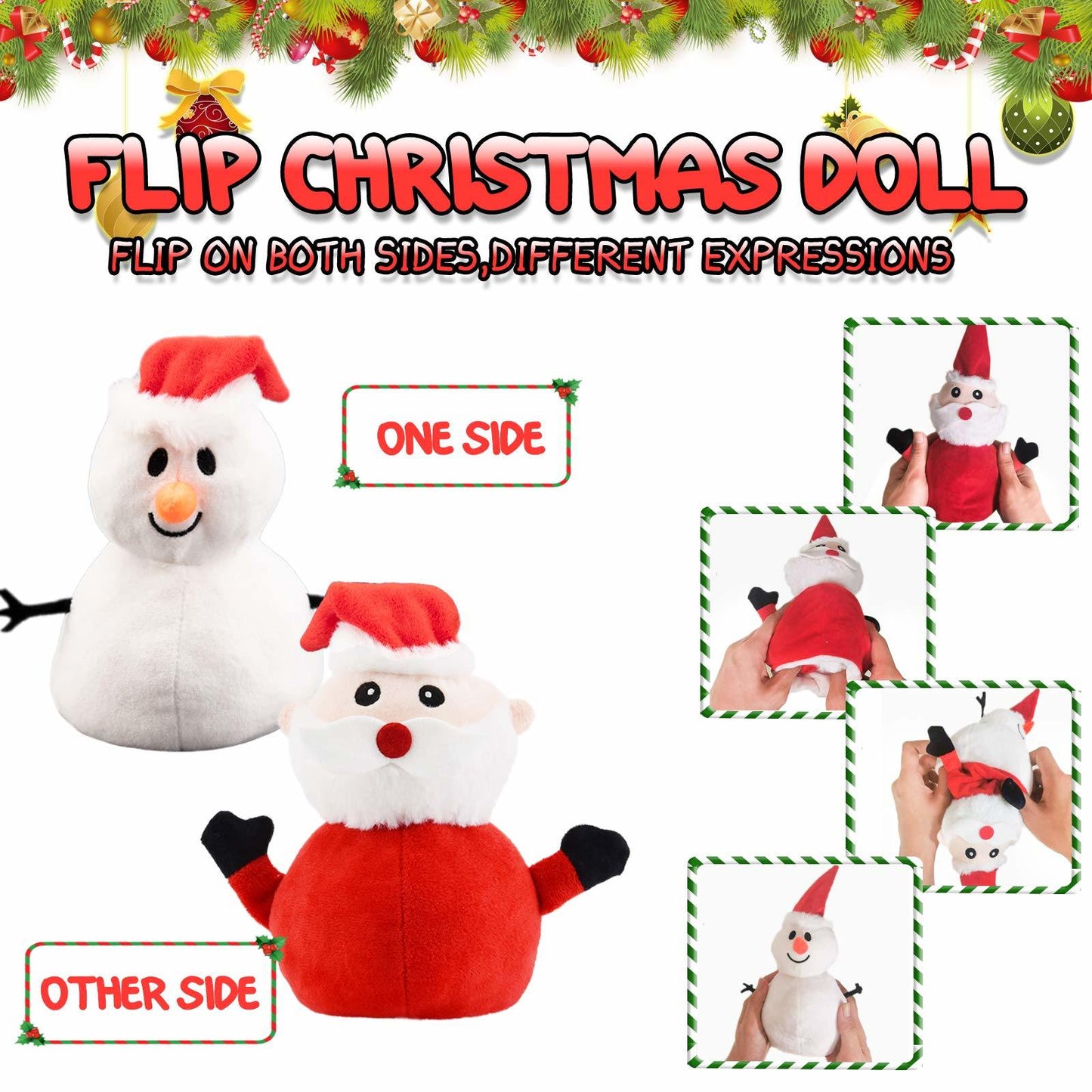 Santa Plush Snowman Plush Toy Reversible Christmas Santa Claus Double Side Stuffed Plushie Soft Doll New Year Birthday Gift for Kids