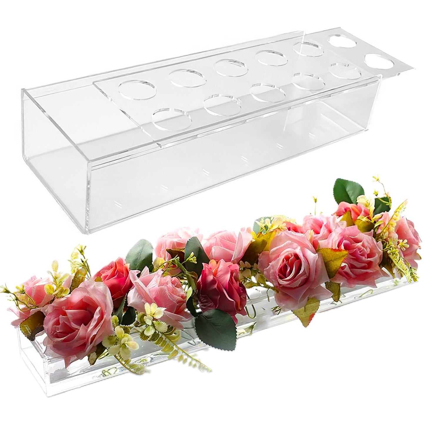 Clear Acrylic Flower Vase Rectangular Floral Centerpiece for Table Decoration Modern Flower Holder for Mother's Day Valentine's Day Wedding Party 12 Holes