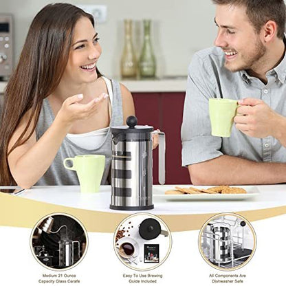 French Press Cafetiere 2 Cups, Stainless Steel Body Shell Coffee Maker- Heat Resistant - Stainless Steel Filter Coffee Press for Coffee Lover (Silver, 350 ml/600ml))