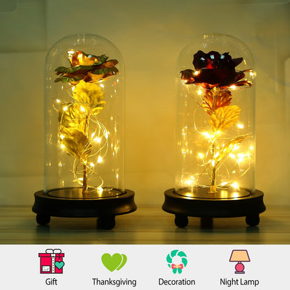 Foil Rose LED String Light Rose Fairy Lamp w/ Glass Dome For Valentines' Day