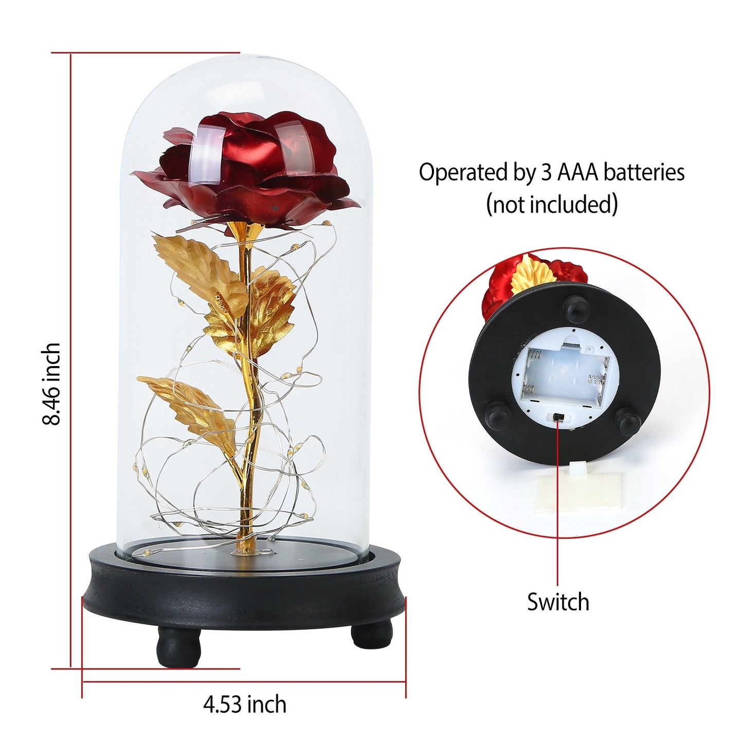 Foil Rose LED String Light Rose Fairy Lamp w/ Glass Dome For Valentines' Day