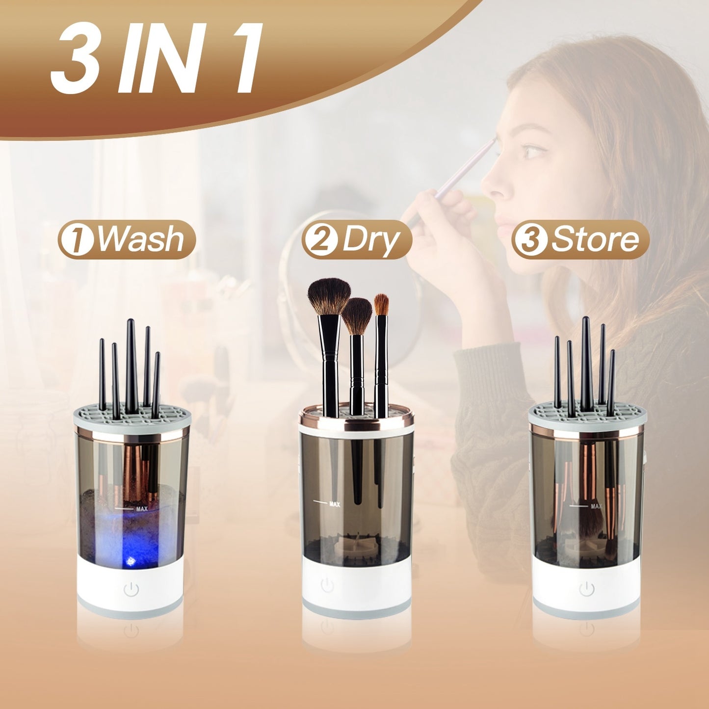 3 In 1 Makeup Brush Blender Cleaner Automatic Makeup Brush Cleaner Machine USB Powered Brush Drying Storage Suitable For All Types of Brushes