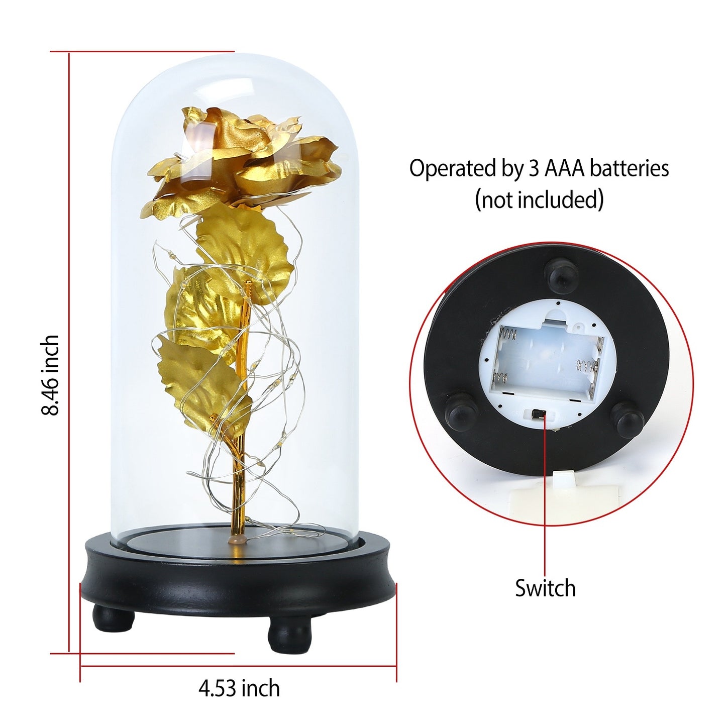 Foil Rose LED String Light Rose Fairy Lamp w/ Glass Dome For Valentines' Day