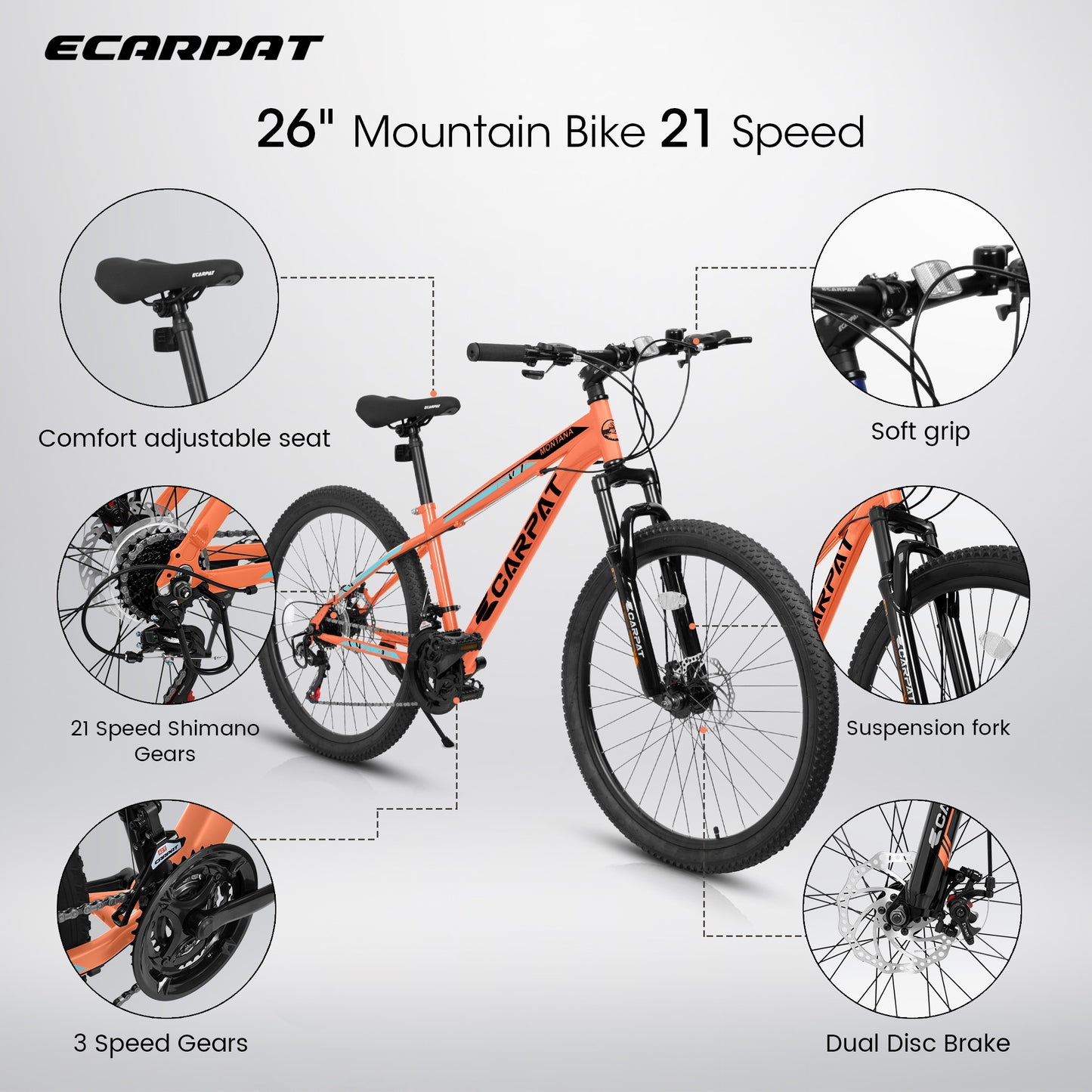 A2610 26 inch Mountain Bike 21 Speeds, Suspension Fork, Steel Frame Disc-Brake for Men Women Bicycle Adlut Bike