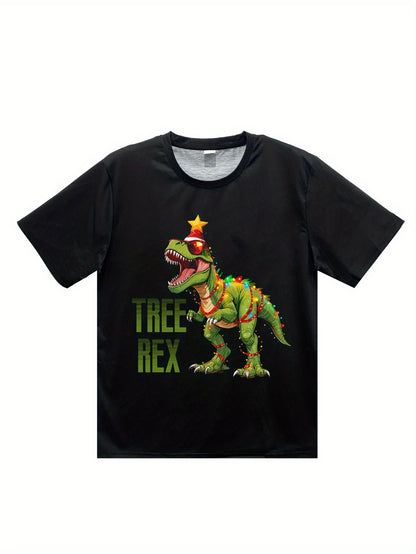 3D Printed Festival Christmas Tree Dinosaur T-shirt - Men's Casual Summer Top, Round Neck Short Sleeve