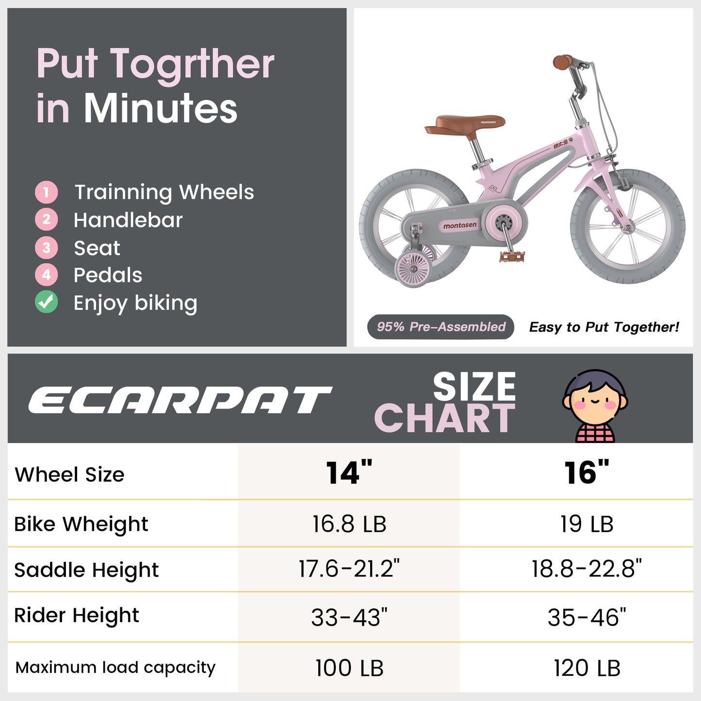 M-F800-16 inch Kids Bike for Girls and Boys, Magnesium Alloy Frame with Auxiliary Wheel, Kids Single Speed Cruiser Bike.