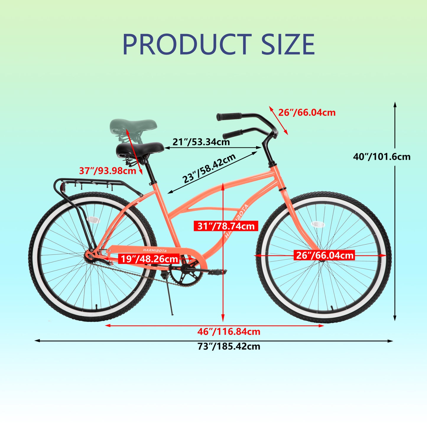 HARMI Multifunction 26 Inch Beach Cruiser Bike for Men and Women, Steel Frame, Single Speed Drivetrain, Upright Comfortable Rides, Multiple Colors