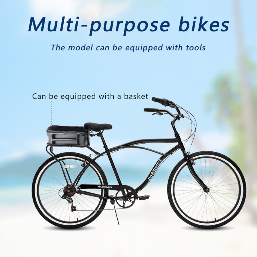 Multifunction 26 Inch 7 Speed Bike, Steel Frame, Upright Comfortable Seat, U-brake, Multi-function Rear Rack, Multicolor, Beach Bikes For Men And Women