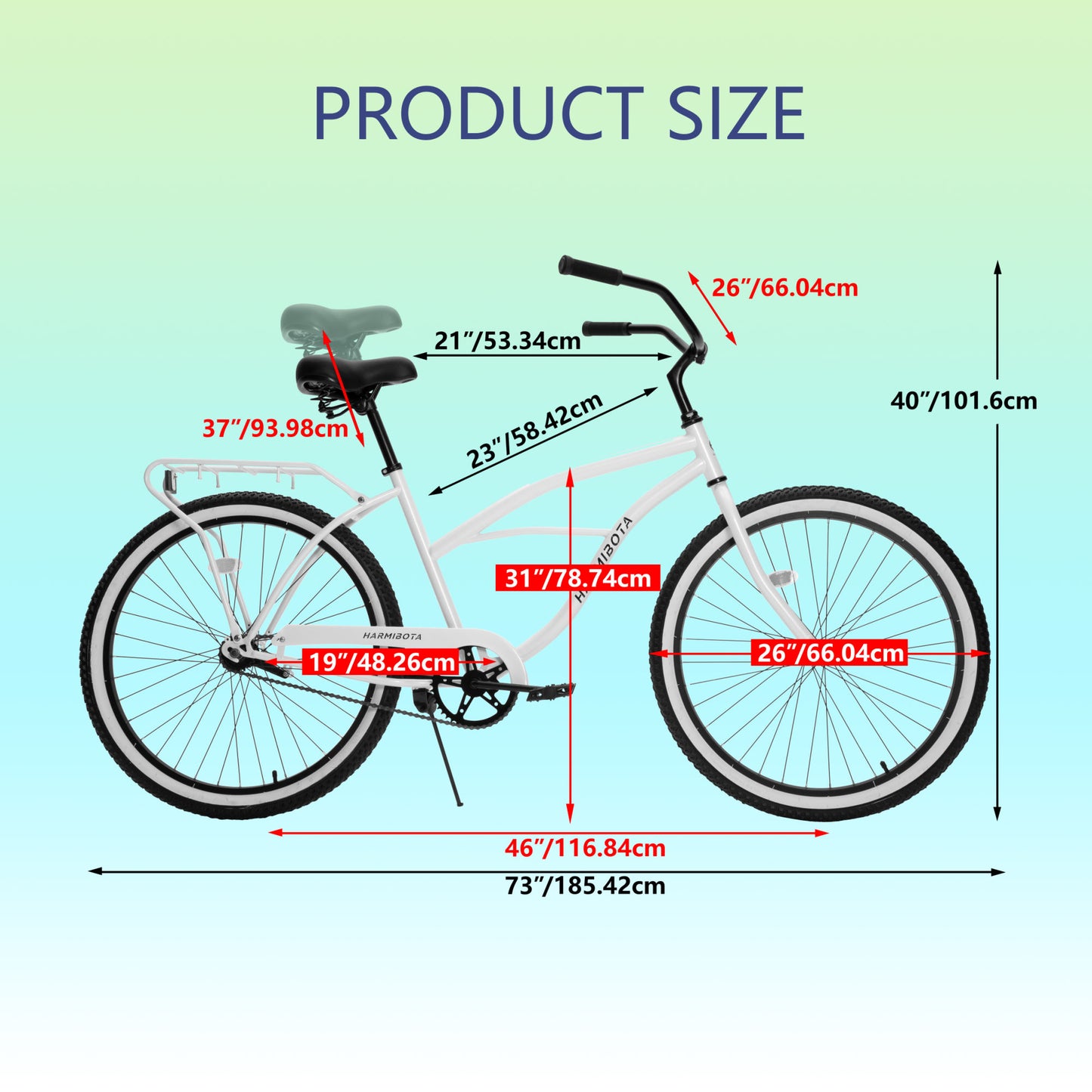 HARMI Multifunction 26 Inch Beach Cruiser Bike for Men and Women, Steel Frame, Single Speed Drivetrain, Upright Comfortable Rides, Multiple Colors