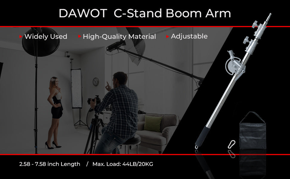 C-Stand Boom Arm C-Stand Cross Arm, 2.58-7.58 inch Length Adjustable Photography Boom Arm for C-Stand, Heavy Duty Stainless Steel Cross Arm for C-Stand with Carry Bag